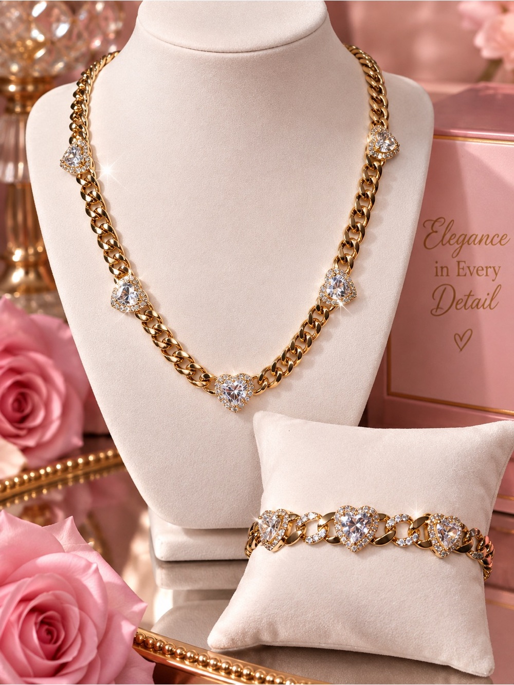 Gold Heart Chain Necklace & Bracelet Set with Clear Crystals - Women Jewelry